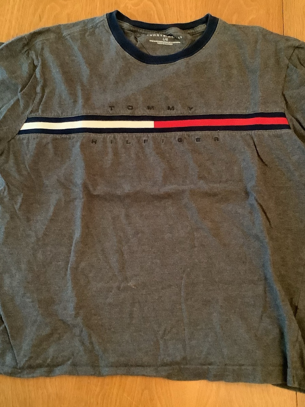 Tommy Hilfiger Men's Gray Logo Stripe Crew Neck T-Shirt